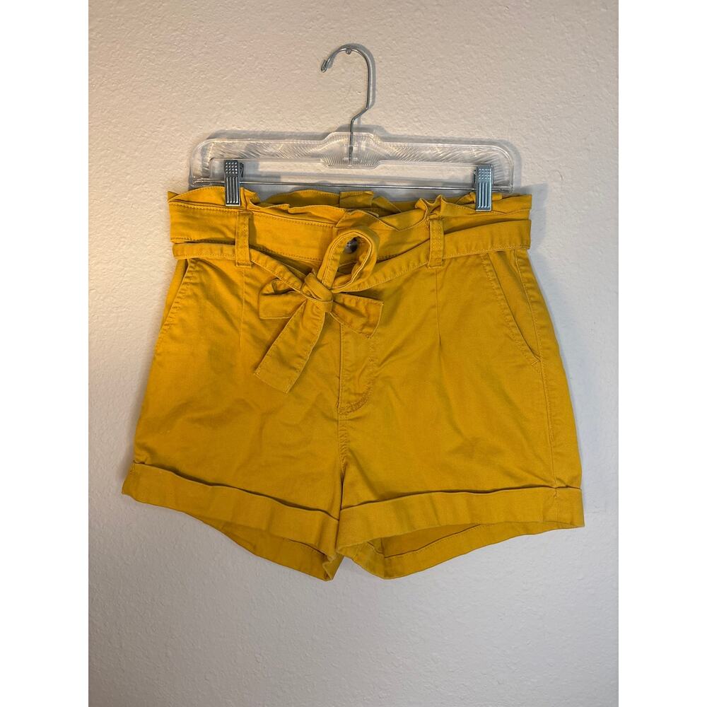 Express Mustard Yellow Shortie Super High Rise Paper Bag Shorts, size 10